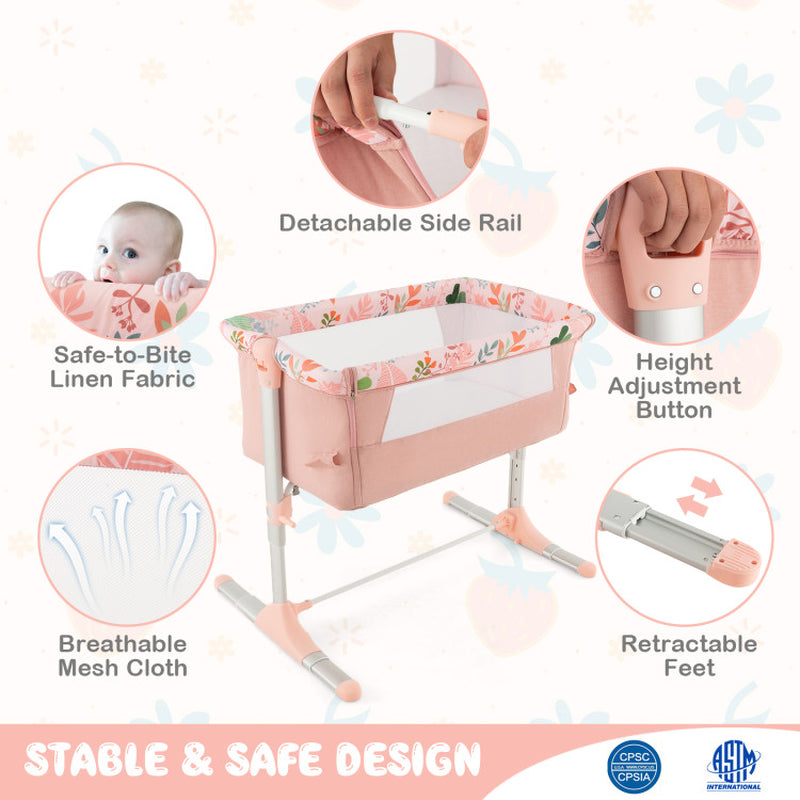 Folding Baby Bassinet Bedside Sleeper with 4 Adjustable Heights