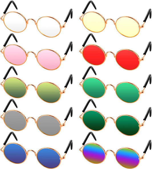 10 Pieces Cat Dog Sunglasses Funny Pet Glasses round Metal Cat Classic Retro Sunglasses Pet Hippie Cute Dog Cat Cosplay Party Costume Photo Props Cosplay Glasses (Mixed Color)