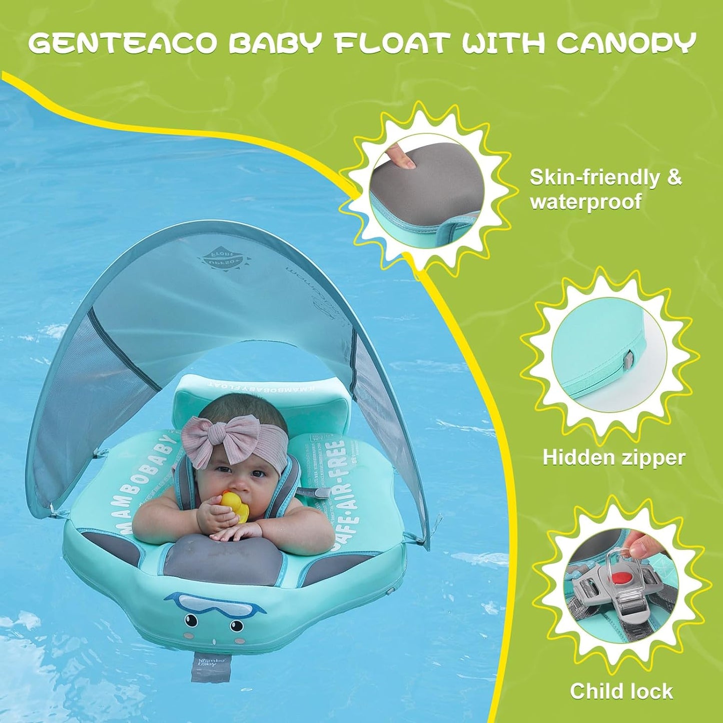 Baby Floats for Pool with Canopy Removable UPF 50+ UV Sun Protection Canopy Mambobaby Float Non Inflatable Upgrade Soft Waterproof Skin-Friendly Leather Material Infant Swim Float 3-24 Months