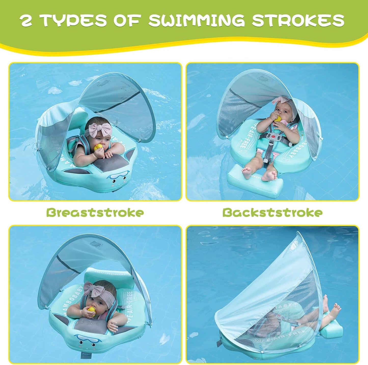 Baby Floats for Pool with Canopy Removable UPF 50+ UV Sun Protection Canopy Mambobaby Float Non Inflatable Upgrade Soft Waterproof Skin-Friendly Leather Material Infant Swim Float 3-24 Months