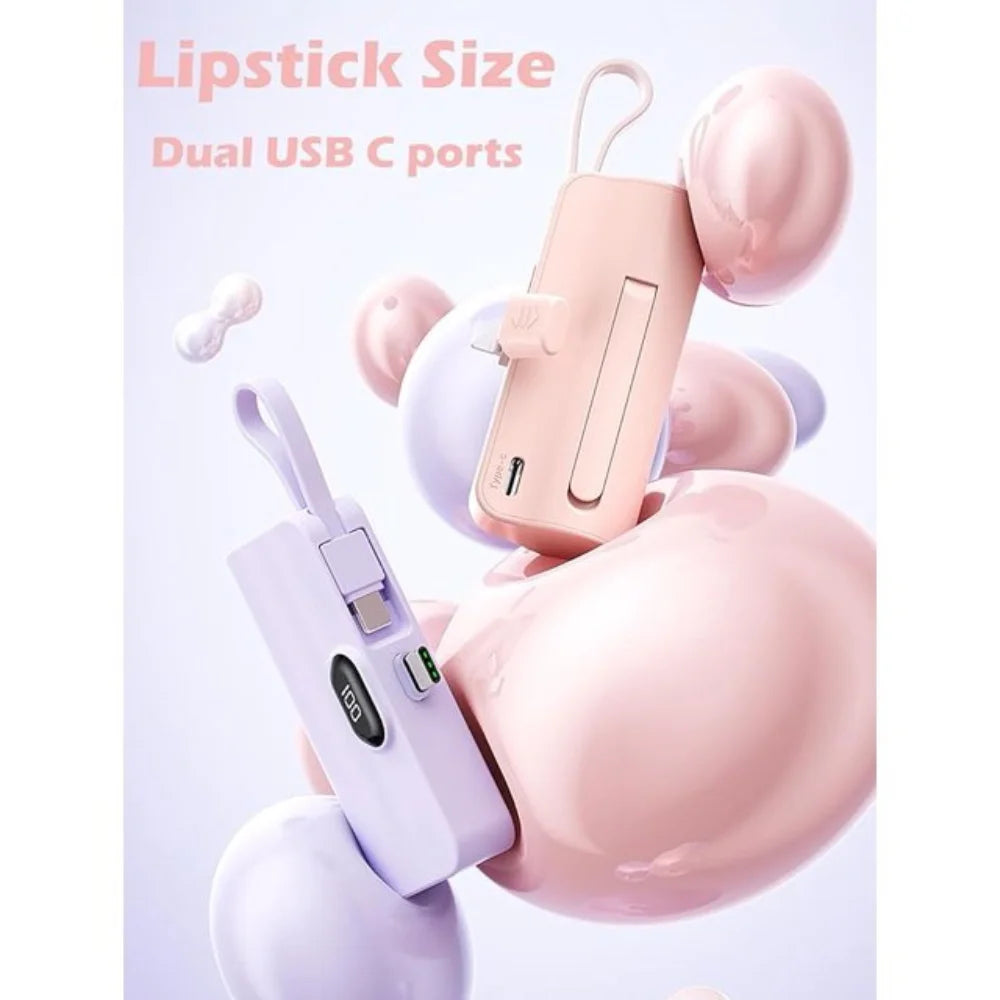 Mini Power Bank,Capsule Power Phone Charger 5500Mah,Portable Charger with Dual USB-C Ports for Iphone 15/15 Plus/15 Pro/15 Pro Max/Android Phone/Samsung/Moto/Lg Etc (Pink)