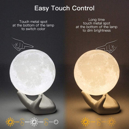 Moon Lamp, 3.5 Inch 3D Printing Lunar Lamp Night Light with White Hand Stand as Kids Women Girls Boy Birthday Gift, USB Charging Touch Control Brightness Two Tone Warm Cool White