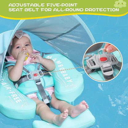 Baby Floats for Pool with Canopy Removable UPF 50+ UV Sun Protection Canopy Mambobaby Float Non Inflatable Upgrade Soft Waterproof Skin-Friendly Leather Material Infant Swim Float 3-24 Months