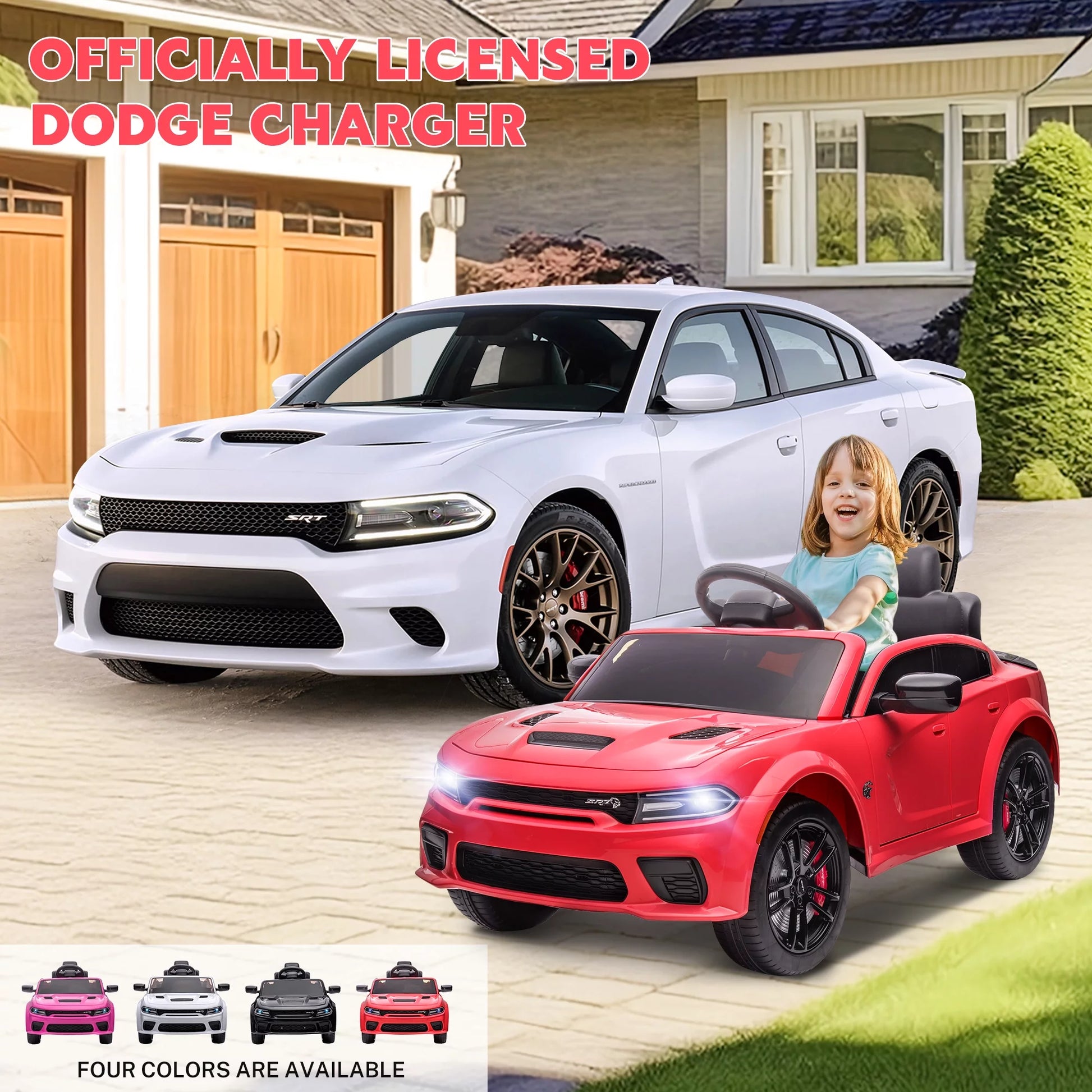 Dodge Electric Ride on Cars for Kids, 12V Licensed Dodge Charger SRT Powered Ride on Toys Cars with Parent Remote Control, Electric Car for Girls 3-5 W/Music Player/Led Headlights/Safety Belt, Red