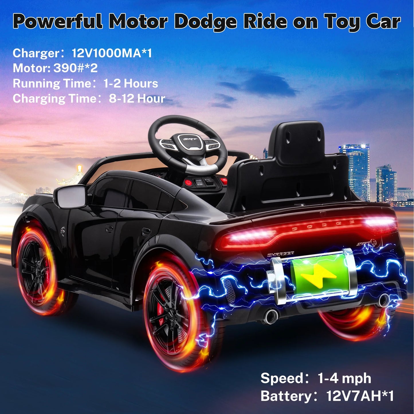 Dodge Electric Ride on Cars for Kids, 12 V Licensed Dodge Charger SRT Powered Ride on Toys Cars with Parent Remote Control, Electric Car for Girls 3-5 W/Music Player/Led Headlights/Safety Belt, Black