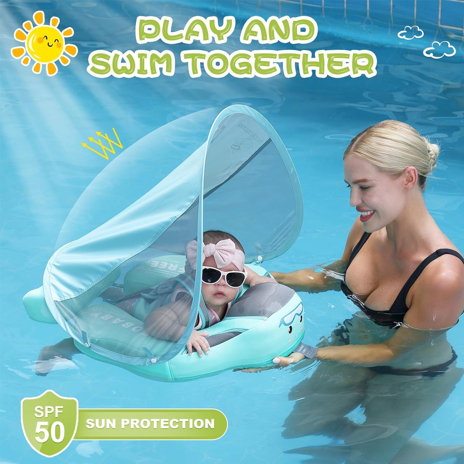 Baby Floats for Pool with Canopy Removable UPF 50+ UV Sun Protection Canopy Mambobaby Float Non Inflatable Upgrade Soft Waterproof Skin-Friendly Leather Material Infant Swim Float 3-24 Months