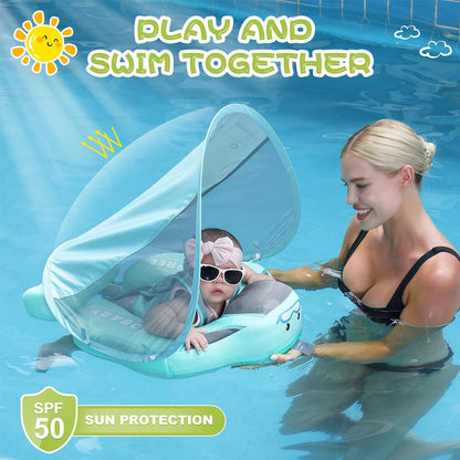 Baby Floats for Pool with Canopy Removable UPF 50+ UV Sun Protection Canopy Mambobaby Float Non Inflatable Upgrade Soft Waterproof Skin-Friendly Leather Material Infant Swim Float 3-24 Months