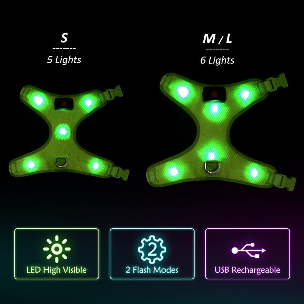 LED Dog Harness, Lighted up USB Rechargeable Pet Harness, Illuminated Reflective Glowing Dog Vest Adjustable Soft Padded No-Pull Suit for Small, Medium, Large Dogs (Green, S)